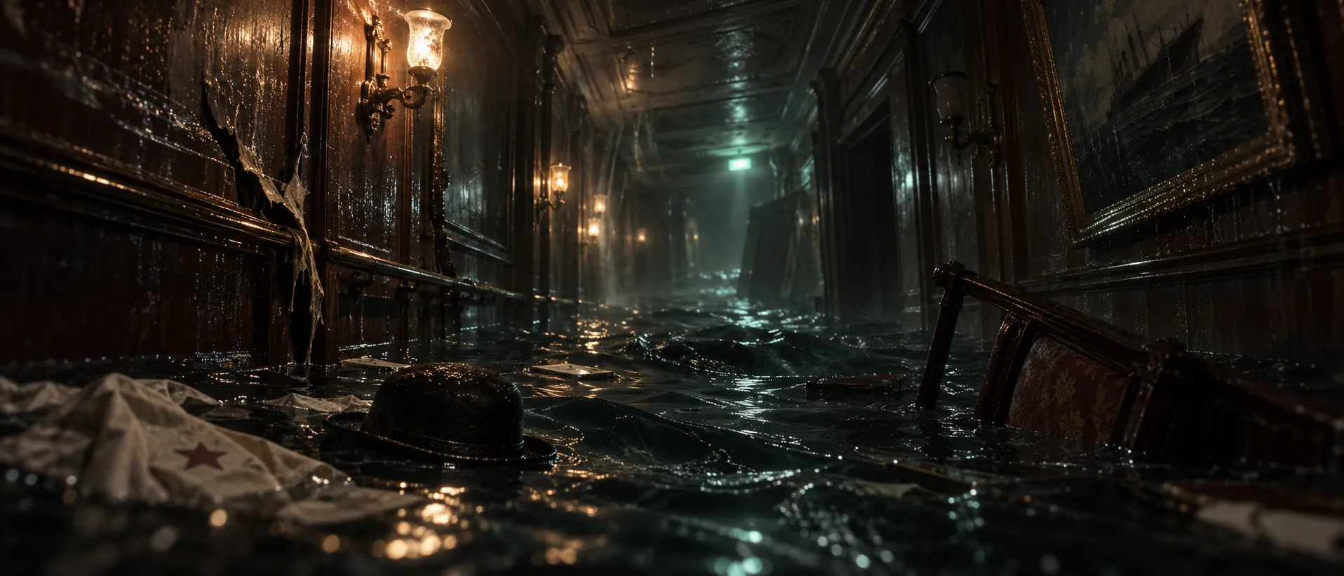 A flooded first class corridor with a floating bowler hat