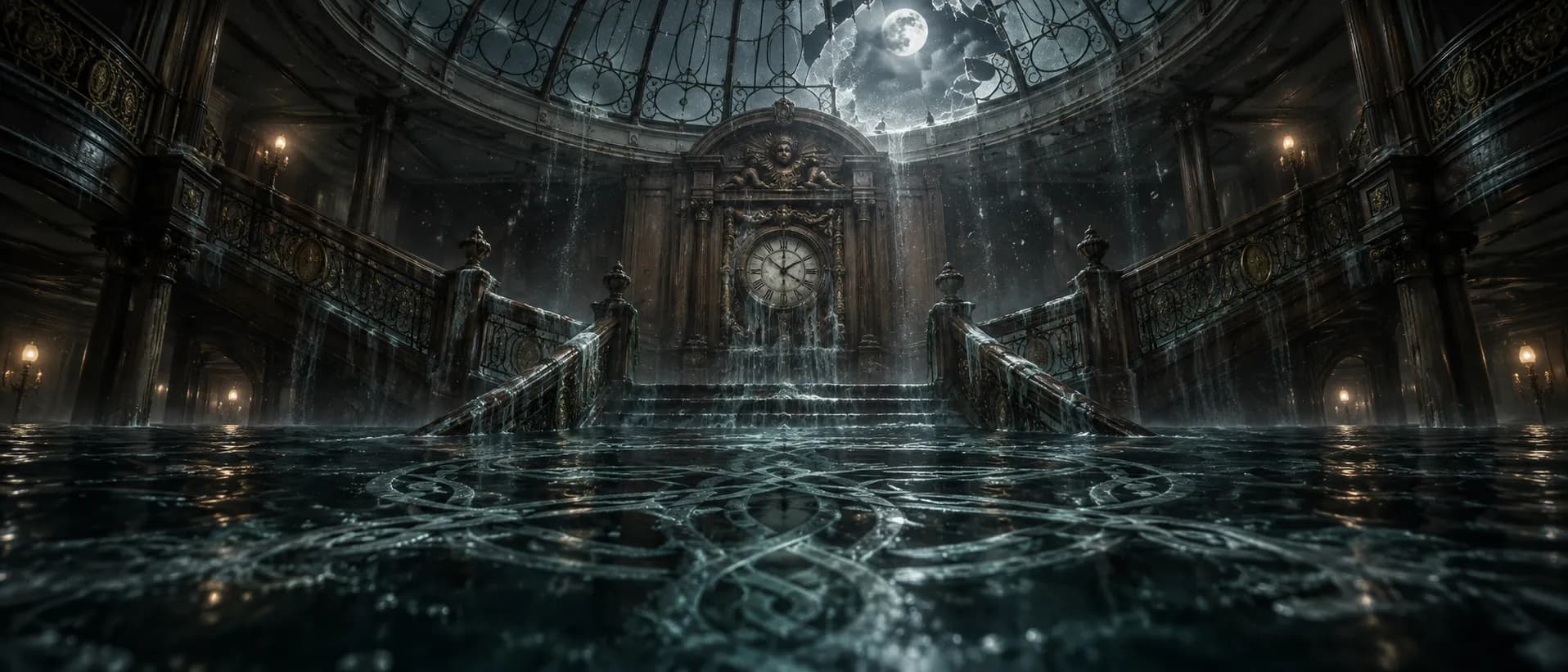 The grand staircase, flooded, moonlight through a shattered glass dome