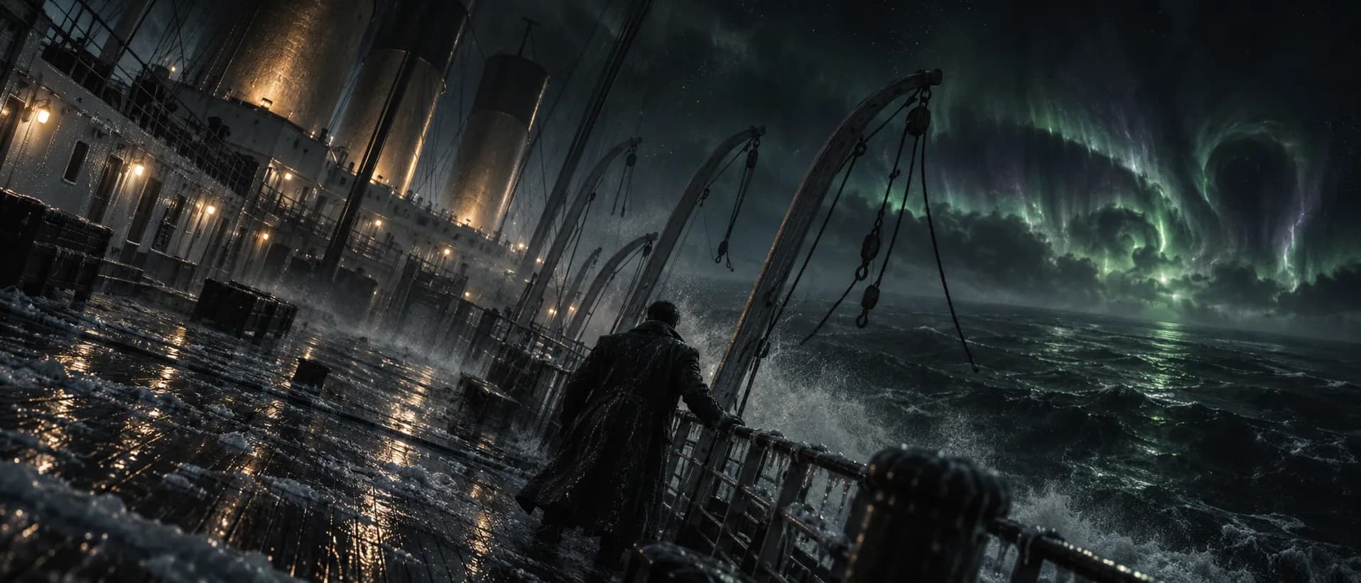 A figure stands at the rail of a night-bound liner, aurora-like light tearing the sky over the sea